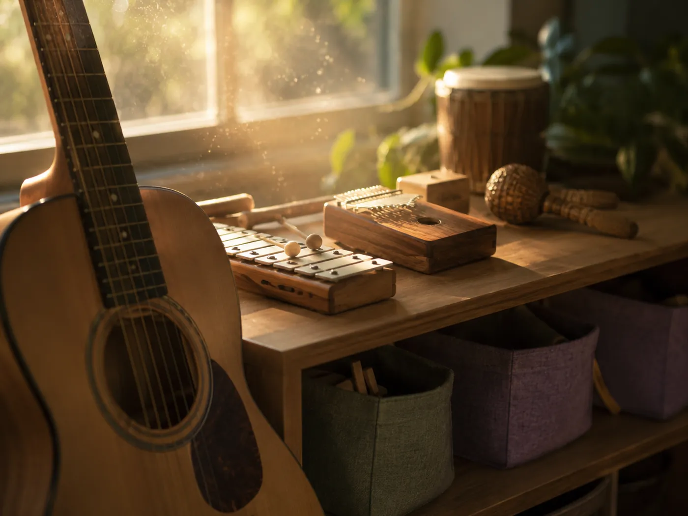 Golden morning light falling across an acoustic guitar, a xylophone, and a kalimba on a classroom shelf