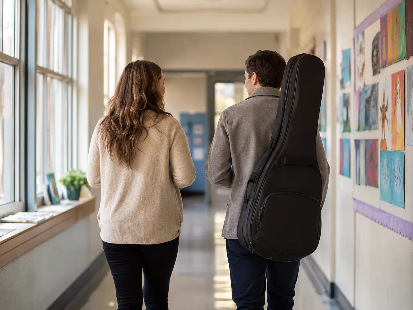 Two colleagues walking down a bright school hallway lined with student artwork, one carrying a guitar case