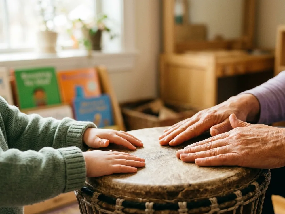 A child's hands and an adult's hands resting together on a drum