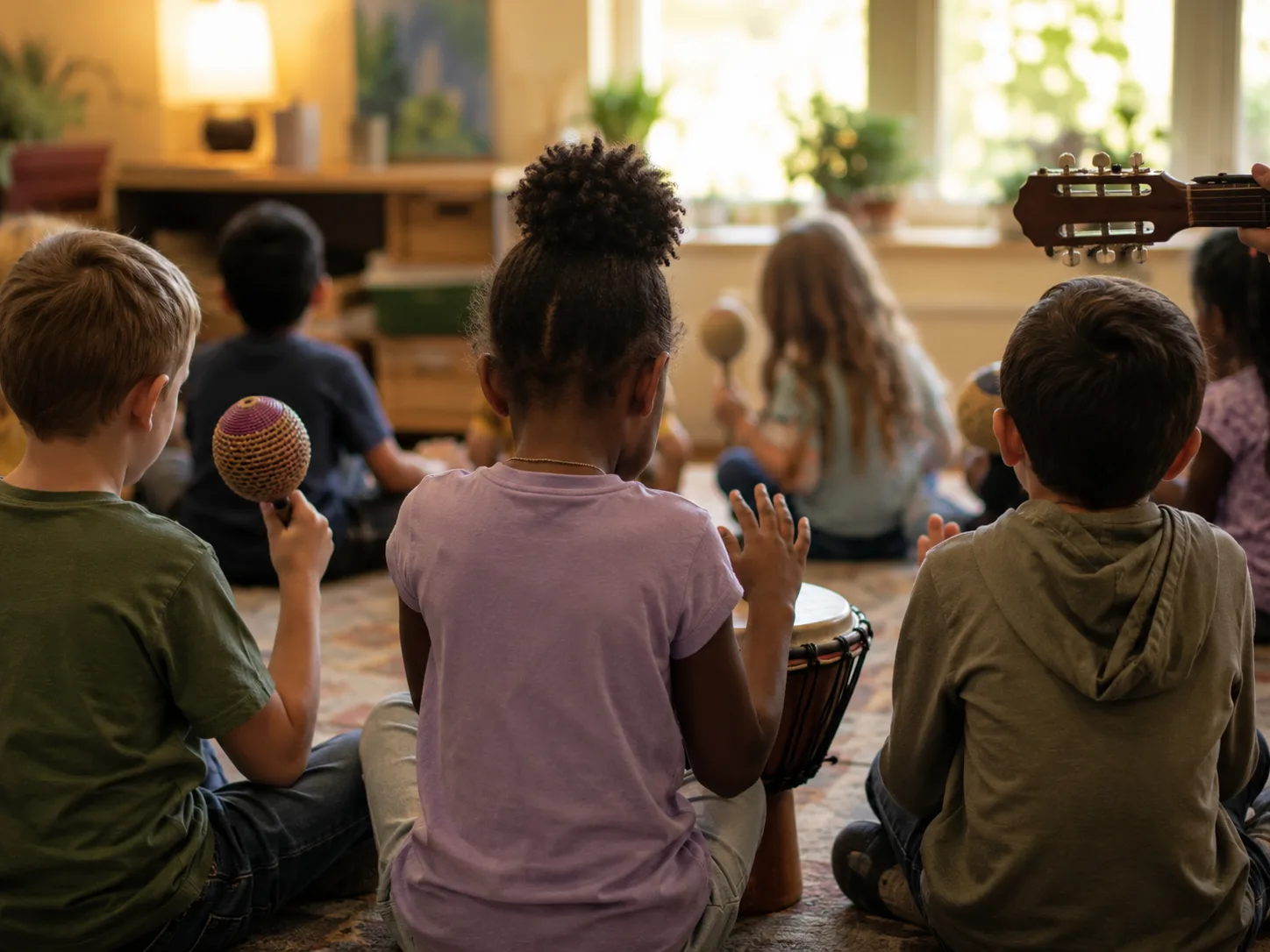 A circle of children seated on a classroom rug playing hand drums and shakers, seen from behind