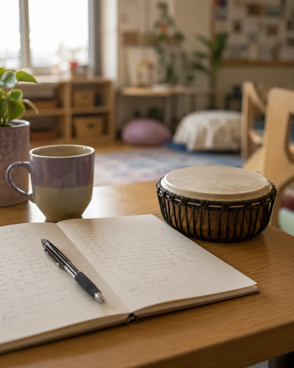 An open notebook of handwritten session notes with a pen, beside a small hand drum and a mug on a classroom table