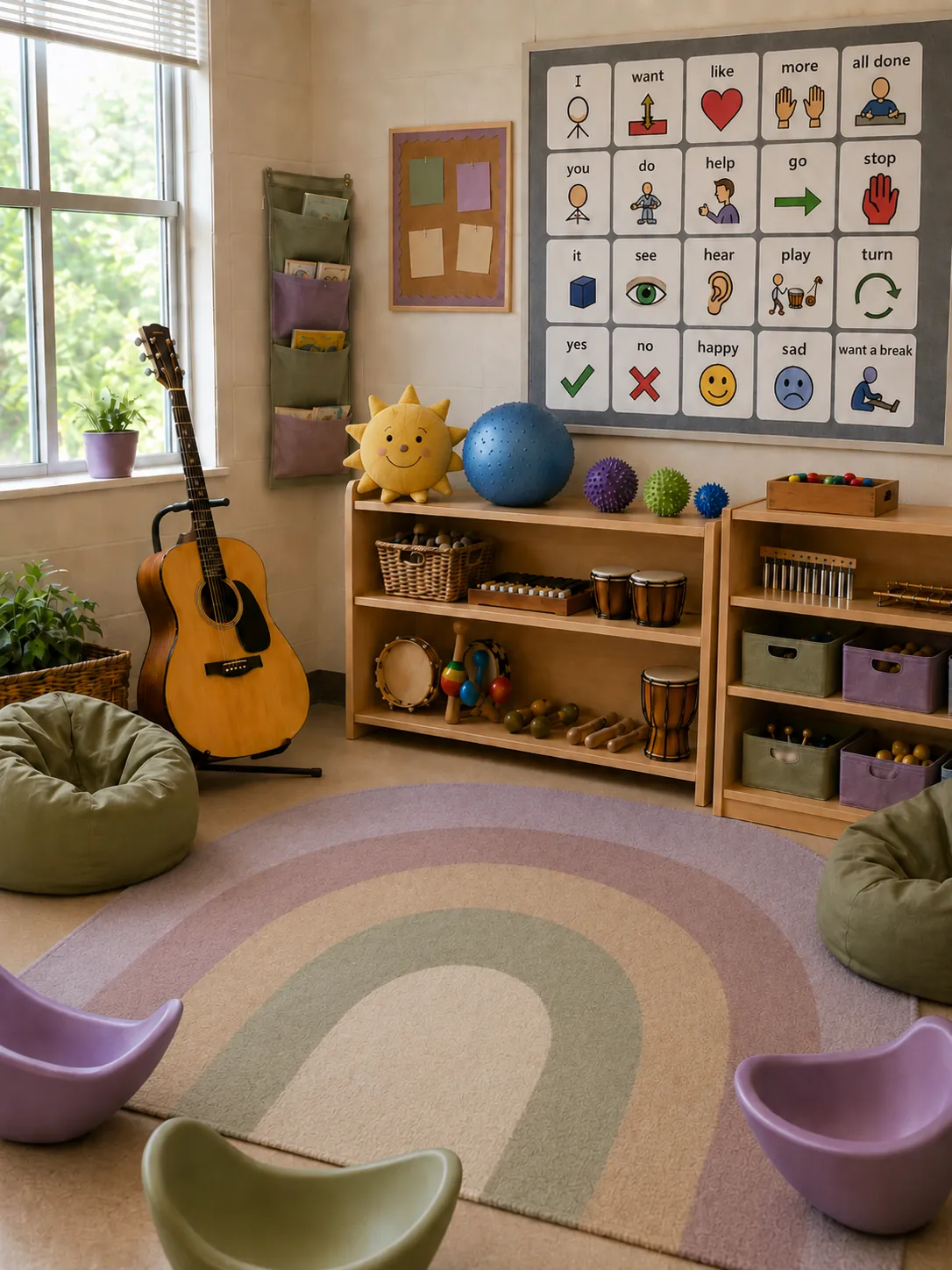 A sunlit music therapy room with an acoustic guitar on a stand, shelves of drums and percussion instruments, a large picture communication board on the wall, and a pastel rainbow rug ringed by bean bags and floor seats